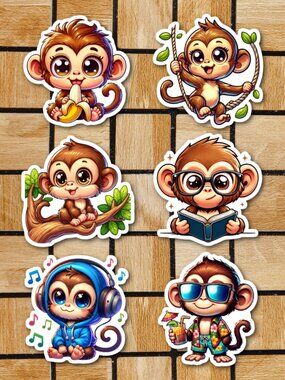 Kawaii Monkey Sticker Pack of 12 Vinyl Stickers Waterproof 3" Size Sticker Set
